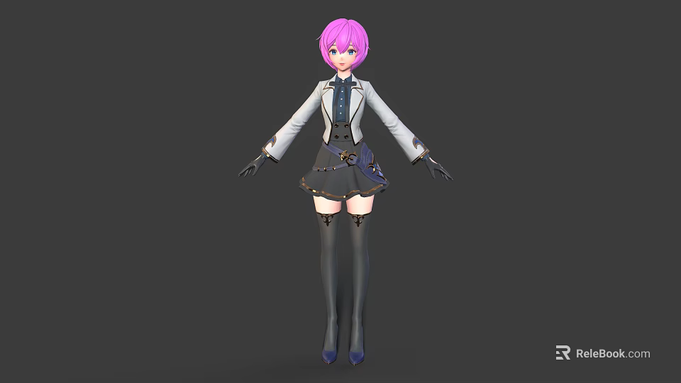 Anime Style Human Character Model With Pink Hair White Coat Black Skirt And High Heels 3d model 