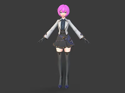 Anime Style Human Character Model With Pink Hair White Coat Black Skirt And High Heels 3d model