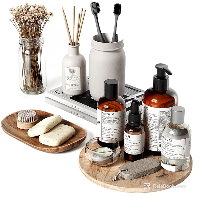 Elegant Bathroom Accessories With Soap Bars Brushes Hand Soap Bottles Reed Diffusers And Storage Jars 3d model 