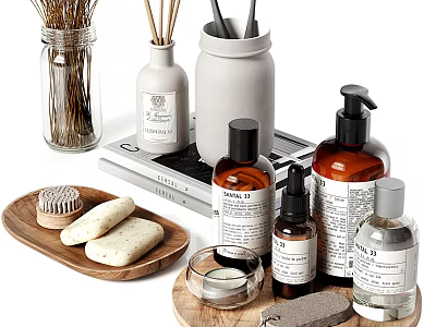 Elegant Bathroom Accessories With Soap Bars Brushes Hand Soap Bottles Reed Diffusers And Storage Jars 3d model
