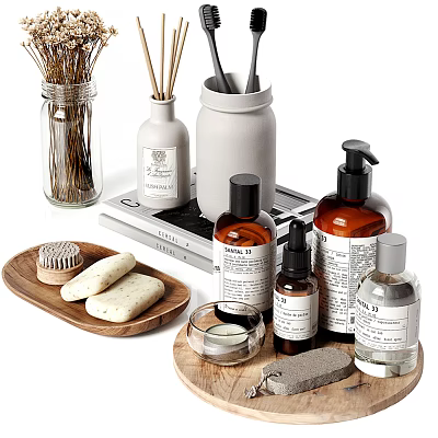 Elegant Bathroom Accessories With Soap Bars Brushes Hand Soap Bottles Reed Diffusers And Storage Jars 3d model