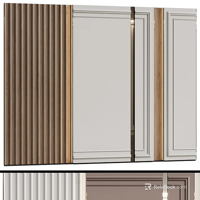 Modern Background Wall Design With Wooden Slats Metallic Frames And White Panels 3d model 