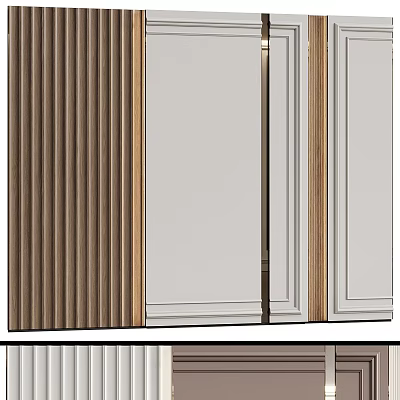 Modern Background Wall Design With Wooden Slats Metallic Frames And White Panels 3d model
