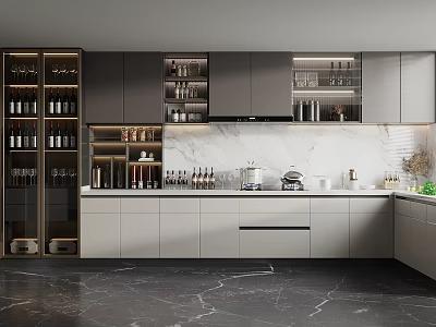 Modern Kitchen Interior With Gray Cabinets Marble Countertops And Wine Racks 3d model