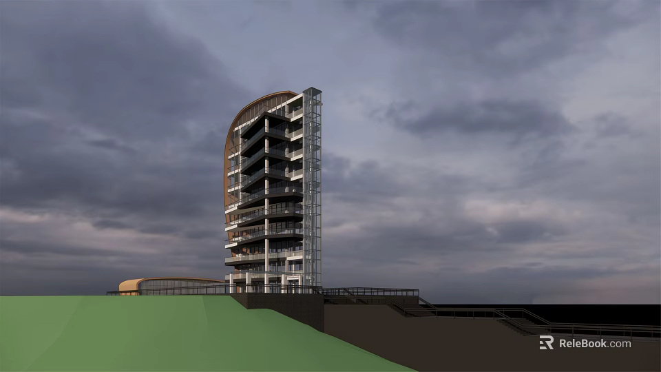 Modern Road Facilities With Curved Design Multi Level Walkways And Safety Railings 3d model 
