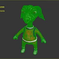 3D Green Alien Creature Character Wearing Orange Outfit With Blue Straps And White Gloves