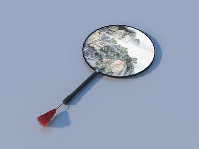 Traditional Chinese Round Fan With Landscape Painting Black Handle And Red Tassel 3d model
