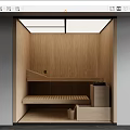 Wooden Shower Sauna Interior With Wooden Benches Storage Box And Small Cups
