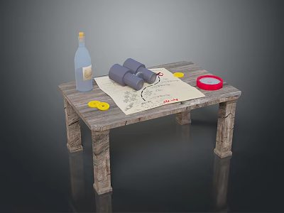 Wooden Table Setup With Bottle Binoculars Old Map Red Plate And Yellow Coins 3d model