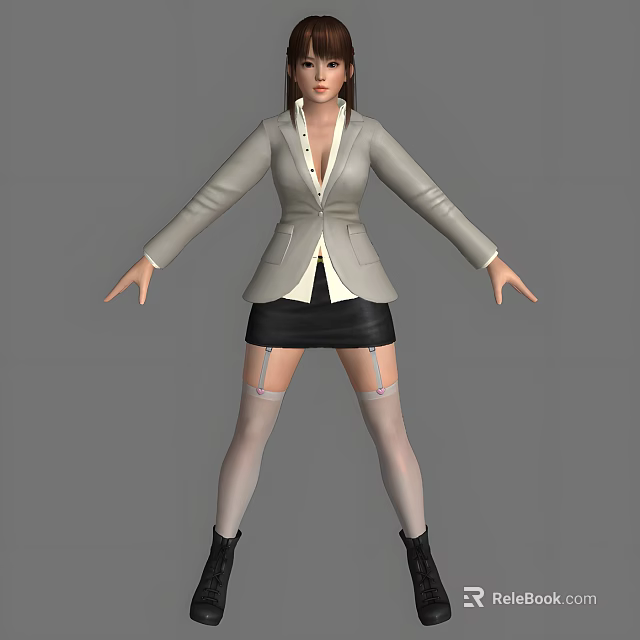 A Woman In Gray Blazer White Shirt Black Skirt Stockings Black Boots Against Gray Background 3d model 