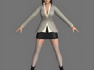 A Woman In Gray Blazer White Shirt Black Skirt Stockings Black Boots Against Gray Background 3d model