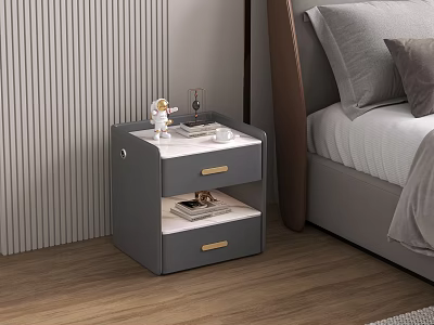 Modern Gray Bedside Table With Marble Top Drawers And Bedroom Decorative Items Next To Bed 3d model