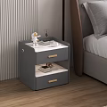 Modern Gray Bedside Table With Marble Top Drawers And Bedroom Decorative Items Next To Bed