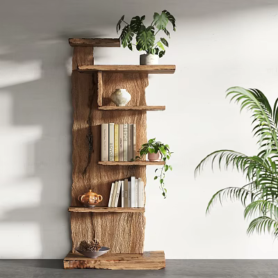 Wooden Wall Mounted Shelf with Potted Plants Books and Decorative Vase on White Wall 3d model