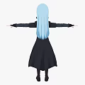 Woman With Blue Long Hair Wearing Black Long Coat And Gray Pants Arms Outstretched