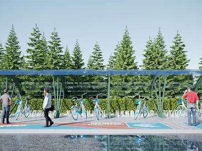 Bike Shelter In Public Parking Area With Bicycles People And Green Trees 3d model