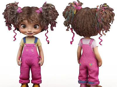 Cute Doll With Curly Hair Pigtails Pink Overalls And Yellow Shirt Front Back View 3d model