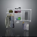 Modern Open Wardrobe Structure With Metal Frame Hanging Rods Shelves And Storage Bags