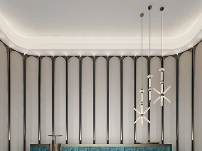 Modern Reception Desk With Teal Countertop Vertical Striped Backdrop And Hanging Pendant Lights 3d model