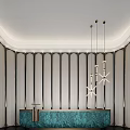 Modern Reception Desk With Teal Countertop Vertical Striped Backdrop And Hanging Pendant Lights