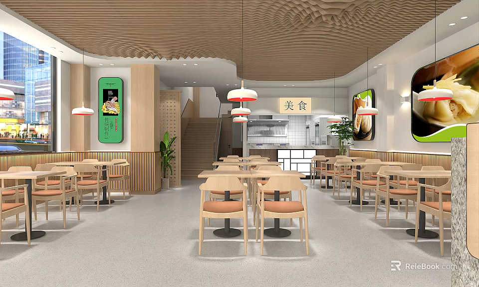 Modern Restaurant Interior With Wooden Tables Pendant Lights And Green Wall Art 3d model 