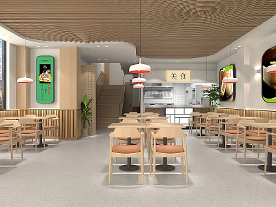 Modern Restaurant Interior With Wooden Tables Pendant Lights And Green Wall Art 3d model