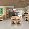 Modern Restaurant Interior With Wooden Tables Pendant Lights And Green Wall Art