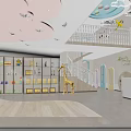 Bright Children's Indoor Activity Space With Cloud Ceiling Butterfly Decor Toy Cabinets And Giraffe Ornament