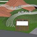 Garden Landscape Design with Green Lawn Winding Path Rockery Structure Bench and White Decorative Lines