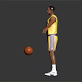 A Man Wearing Yellow Lakers Jersey Number 11 Standing With Arms Outstretched And Basketball