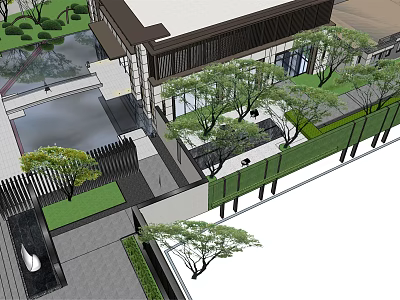 Modern Garden Landscape Design With Water Pond Lush Trees Stone Pathway And Architectural Structure 3d model