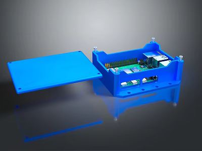 Blue Computer Circuit Board Enclosure With Open Cover Exposed Electronic Components and Connectivity Ports 3d model