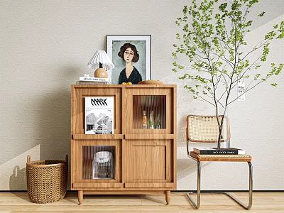 Minimalist Wooden Dining Sideboard With Glass Doors Lamp Magazine And Potted Plant Chair Woven Basket 3d model