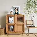 Minimalist Wooden Dining Sideboard With Glass Doors Lamp Magazine And Potted Plant Chair Woven Basket