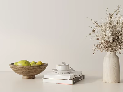 Decorative Ornament Set With Wooden Bowl Fruits Books White Cup And Dried Flowers Vase 3d model