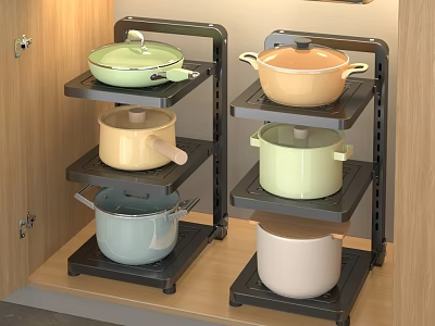 Double Tier Kitchen Storage Rack With Colorful Pots Organizing Cookware In Kitchen 3d model
