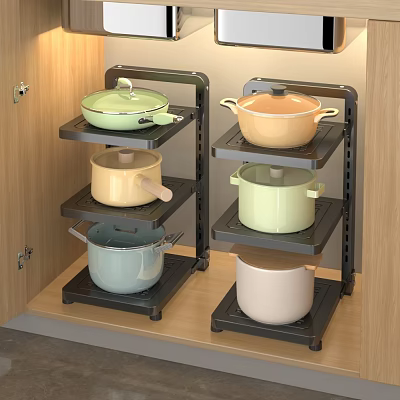 Double Tier Kitchen Storage Rack With Colorful Pots Organizing Cookware In Kitchen 3d model