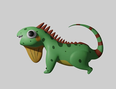 Cartoon Style Green Reptile Lizard with Red Spines Black Spots Yellow Throat Red Striped Tail 3d model