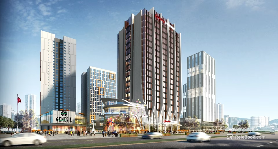 Modern Commercial Complex With Shopping Mall High Rise Buildings And Vibrant Pedestrian Area 3d model 
