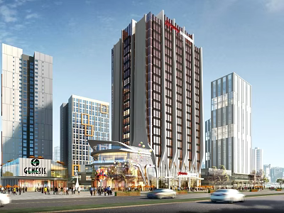 Modern Commercial Complex With Shopping Mall High Rise Buildings And Vibrant Pedestrian Area 3d model
