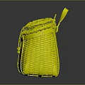 Cute Rabbit Resting in Handwoven Yellow Basket with Leather Straps on Gray Surface