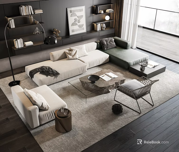 Modern Living Room Featuring L-shaped Sectional Sofa Marble Coffee Table Armchair Large Window and Rug 3d model 