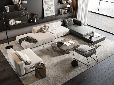 Modern Living Room Featuring L-shaped Sectional Sofa Marble Coffee Table Armchair Large Window and Rug 3d model