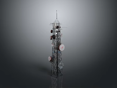 Telecommunication Tower Structure With Multiple Antennas And Satellite Dishes On Gray Background 3d model