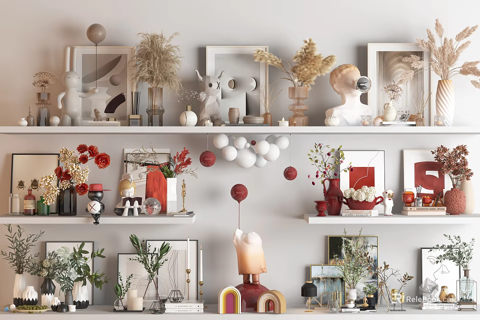 Modern Decorative Ornament Combinations On Shelves With Vases Frames Dried Plants And Sculptures 3d model 