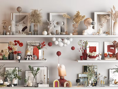 Modern Decorative Ornament Combinations On Shelves With Vases Frames Dried Plants And Sculptures 3d model