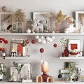 Modern Decorative Ornament Combinations On Shelves With Vases Frames Dried Plants And Sculptures