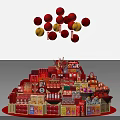 Red and Yellow Lanterns Hanging Over Stacked Red Gift and Food Packages