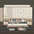 Serene Bedroom Interior With Wooden Bed Framed Artwork Striped Wall Rug And Bedside Tables