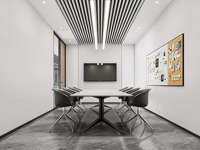 Modern Conference Room Interior With Long Table Black Chairs Flat Screen TV And Bulletin Board 3d model
